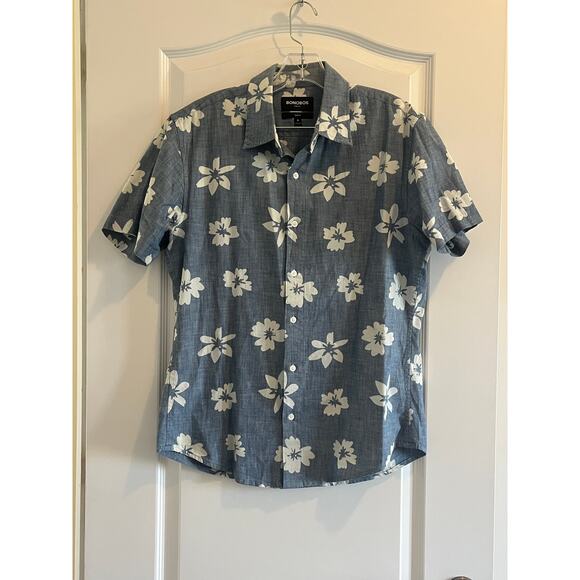 BONOBOS Stretch Hawaiian Men's Shirt Slim Fit Short Sleeve Button Down - Picture 3 of 10